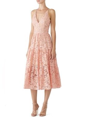 DRESS THE POPULATION Sleeveless Rose Petal Alicia Dress Blush Pink Lace Midi